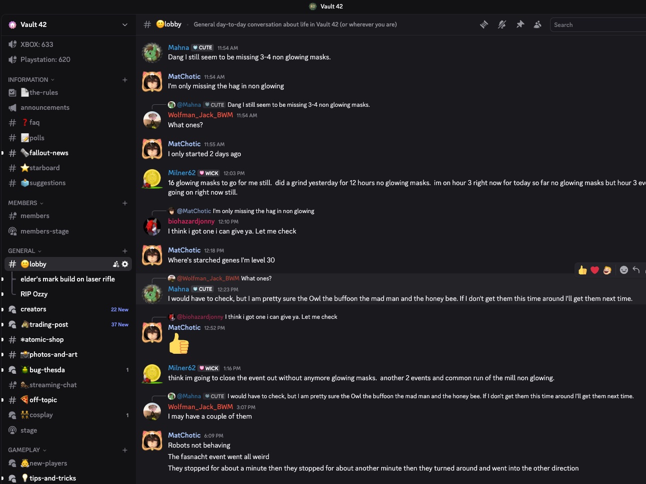 Screenshot of the Vault 42 Discord server
